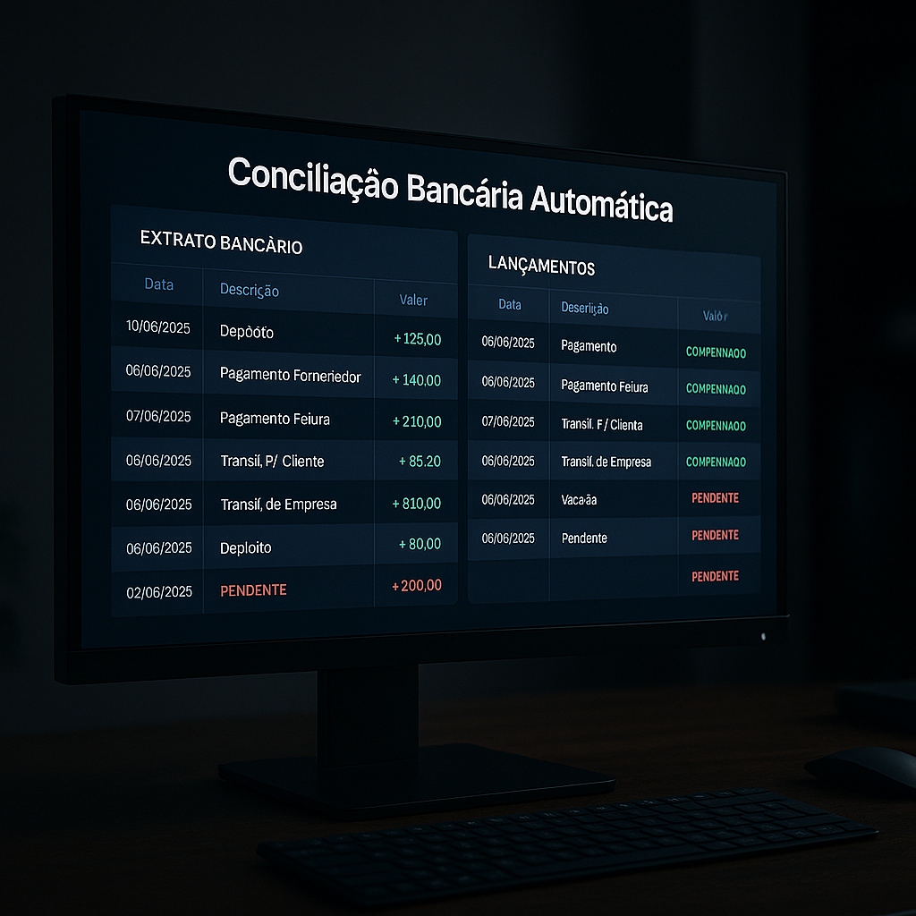 monitor exibindo painel de conciliação bancária automática comparando extrato e lançamentos em ambiente escuro
