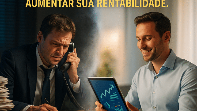 Cena dividida entre empresário estressado cercado por papéis e empresário sorridente usando tablet com gráficos positivos, representando como a automação aumenta a rentabilidade e transforma a rotina de trabalho.