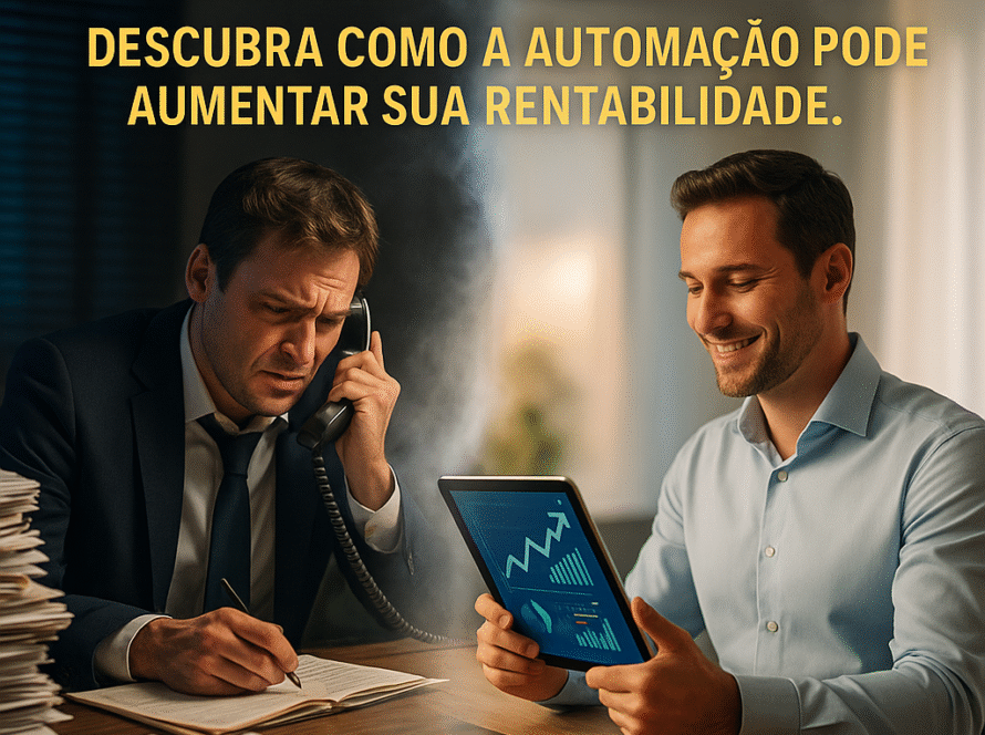 Cena dividida entre empresário estressado cercado por papéis e empresário sorridente usando tablet com gráficos positivos, representando como a automação aumenta a rentabilidade e transforma a rotina de trabalho.