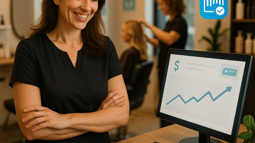 Interior de um salão de beleza moderno com tablet exibindo sistema de automação ao lado de produtos organizados, simbolizando redução de custos e aumento da qualidade dos serviços com tecnologia.