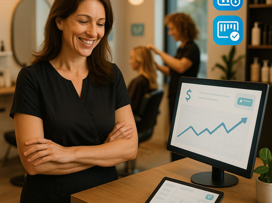 Interior de um salão de beleza moderno com tablet exibindo sistema de automação ao lado de produtos organizados, simbolizando redução de custos e aumento da qualidade dos serviços com tecnologia.