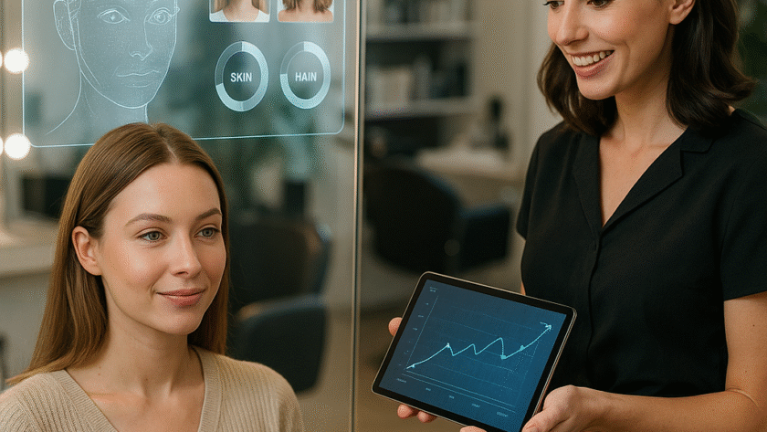 Cliente em salão de beleza recebe diagnóstico de pele com auxílio de tablet usando inteligência artificial, destacando personalização no atendimento.