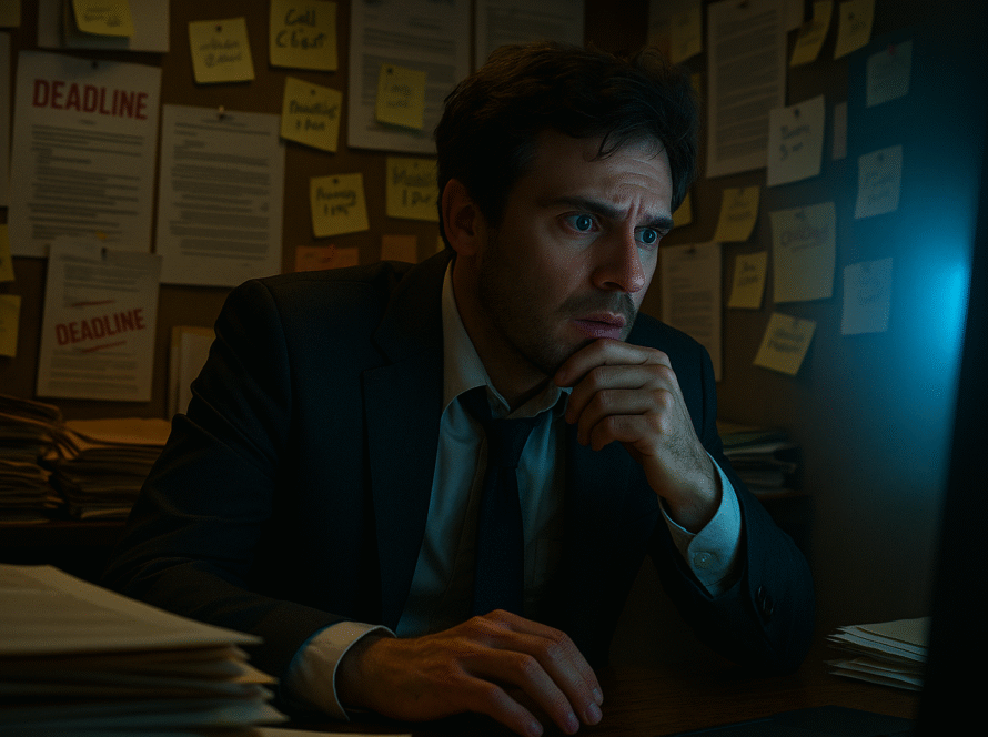 Advogado tenso diante do computador iluminado por luz azul, cercado por post-its e prazos vencidos, simbolizando o uso da inteligência artificial para salvar o escritório jurídico do caos operacional.