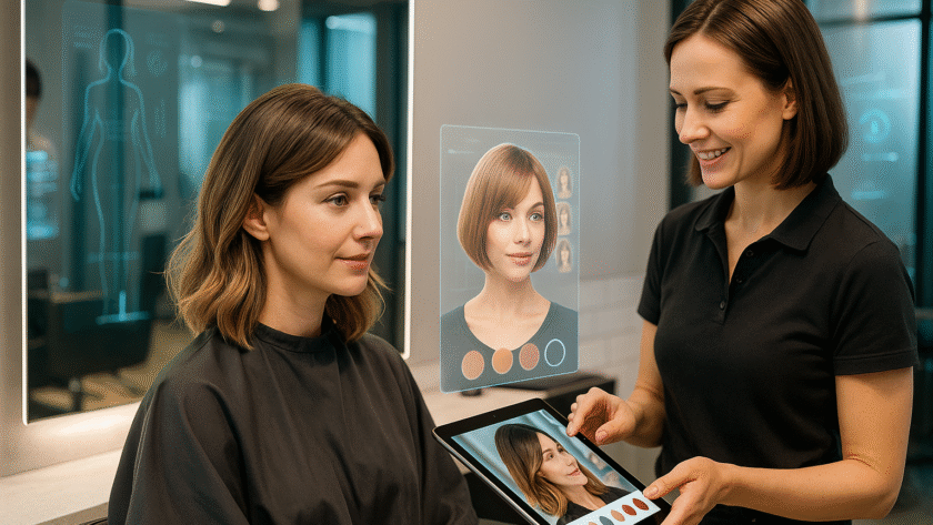 Consultora de salão mostra opções de visual digital em tablet para cliente durante atendimento, com espelho exibindo sugestões de corte e cor baseadas em IA.