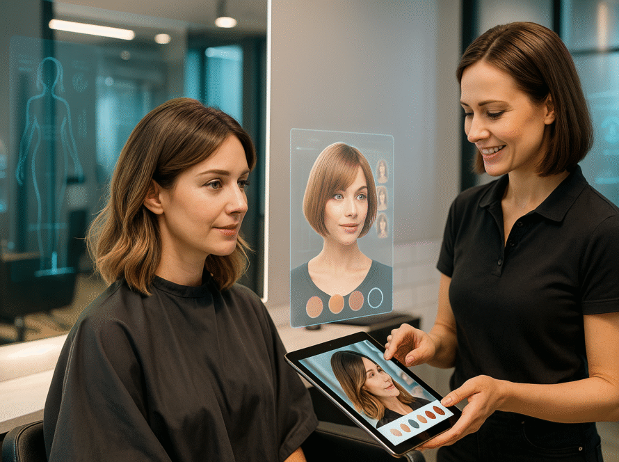 Consultora de salão mostra opções de visual digital em tablet para cliente durante atendimento, com espelho exibindo sugestões de corte e cor baseadas em IA.
